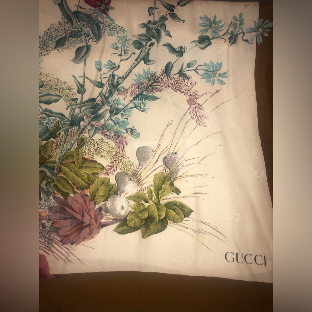 Gucci 100% Silk Scarf with Floral Print & Border